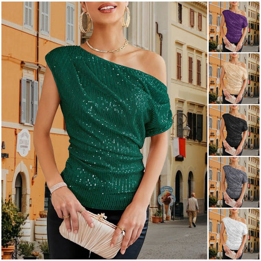 💃Last Day Sales 49% OFF -For Party🎉Womens Sparkly Ruched Glitter One Shoulder Sequin Party Top