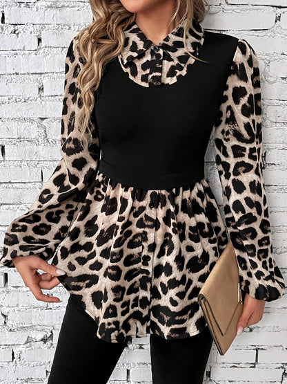 💖2026 Autumn’s Sale 70% OFF✨🍂Women's Leopard Print Patchwork Colorblock Button Front Bishop Sleeve Blouse