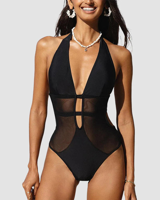 🏖️Last Day Special Sale 49% OFF🩱Mesh Plunging Halter One Piece Swimsuit