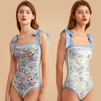 👗2025 Hot Sale New 50% Off👙 Reversible Tie-Strap Floral Print One-Piece Swimsuit