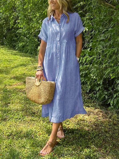 🔥LAST DAY SALE 49% OFF💃Women's Loose Midi Striped Shirt Dress with Pockets