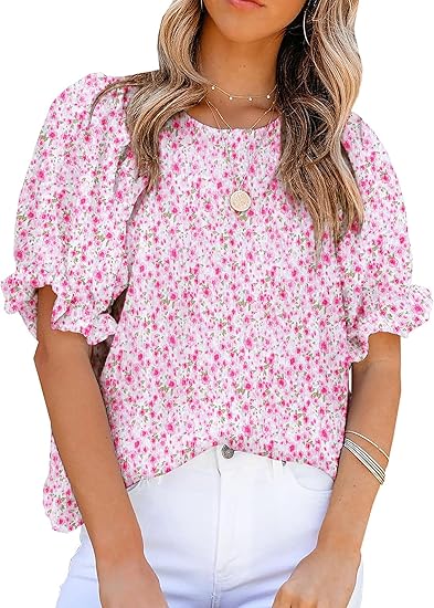 💥2026 Hot Sale 49% OFF👚Women's Casual Floral Print Crewneck Smocked Puff Short Sleeve Shirts Blouses