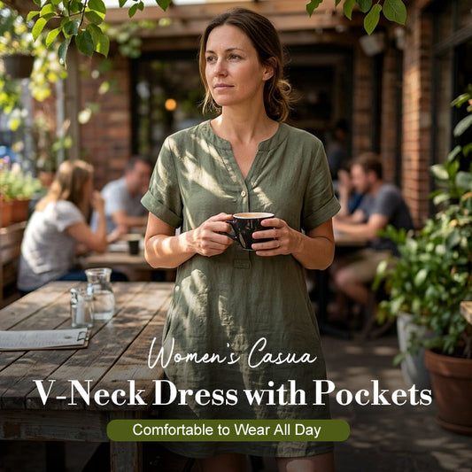 👗Summer Hot Sale 70% OFF✨👗Women's V-Neck Tunic Dress – Relaxed Fit, Pockets & Breathable