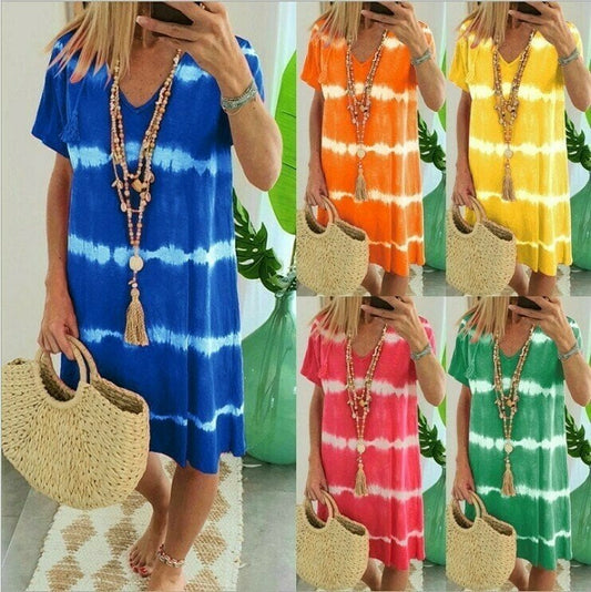 💃2026 Summer Hot Sale 70% OFF🌈Tie-Dye Striped Short Sleeve T-Shirt Dress – Soft & flowy – Perfect for summer, beach or casual days – comfortable and stylish 🌊✨