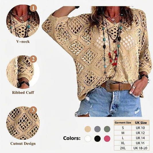 👍2026 Summer Hot Sale 50% OFF💥Women's Hollow Out V Neck Jumper Drop Shoulder Crochet Knit Top