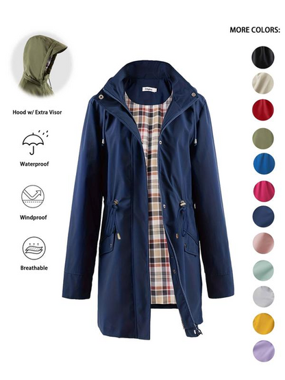 🔥HOT SALE 50% OFF🧥💦Women's Solid Color Drawstring Zip Up Hooded Trench Coat Raincoat🍃