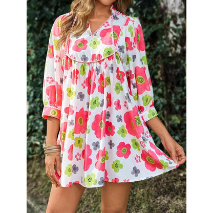 ⏰Summer Hot Sale 70% OFF💃Women's Floral Mini Dress 3/4 Balloon Sleeve V Neck Flowy Babydoll Dress