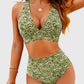 Women Embroidery Print High Waisted Bikini Sets V Neck Tummy Control Bathing Suit Two Piece Curvy Swimsuits