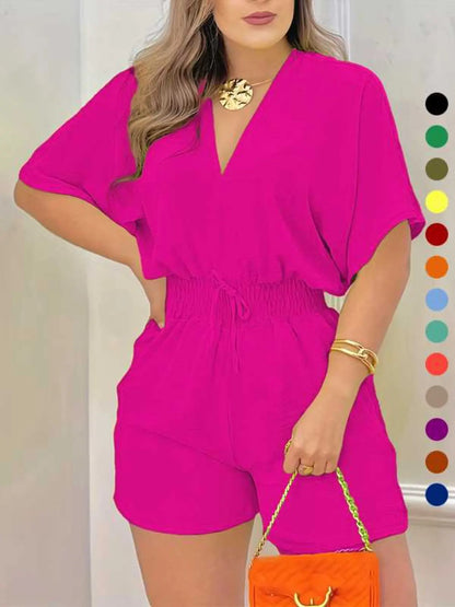 💥Last Day Special Sale 49% OFF💃Women's Plain Drawstring Shirred Waist Fitted V Neck Romper