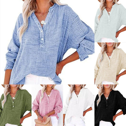 🔥Last Day Sale 50%💖Women’s Casual Gauze Button Neck Long Sleeve Blouse