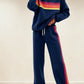 Women's Retro Striped Long Sleeve Sweat Top & Jogger Pants Two‑Piece Set