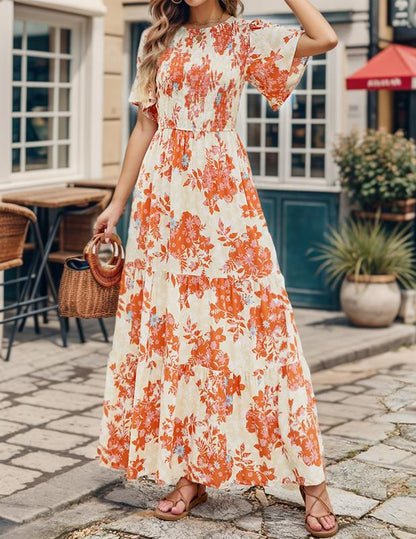 ⏰2026 Summer Hot Sale 50% OFF👗Women's Casual Floral Print Short Flutter Sleeve Smocked High Waist Flowy Maxi Dress