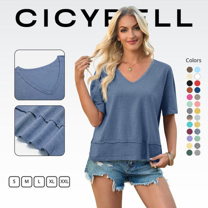 💥2026 Hot Sale 49% OFF👚Women's V Neck T Shirts Casual Short Sleeve Flowy Tops Loose Fit Basic Tees -👍Premium Blend Fabric Flattering V Neckline