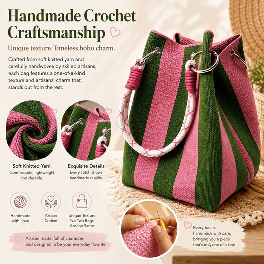 🏆👜 Limited Time Special Price ￡8.99!!✨Boho Striped Knit Bucket Handbag for Women – Handmade Summer Beach Shoulder Bag