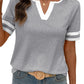 🌞2026 Spring/Summer Women's Casual Colorblock V-Neck T-Shirt - White with Black Trim, Short Sleeve Loose Fit Top with Striped Cuffs
