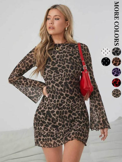 💃2026 New Arrivals 50% OFF🐆💥Women's Leopard Print Long Sleeve Slim Fit Dress👍 ✨Elegant Ruffle Hem Short Skirt, Bodycon Mesh Sleeves