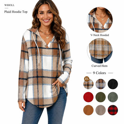 💖2026 Autumn’s Sale 70% OFF✨🍂Easy Everyday Comfort | Women's Plaid Hooded Drawstring V-Neck Shirt