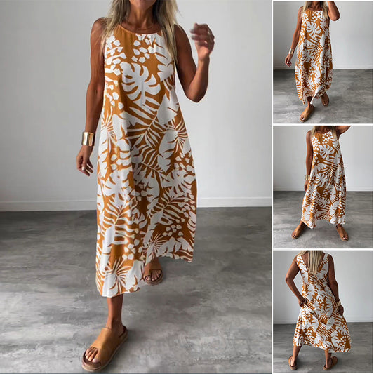 💃Last Day Sale 50% OFF💝Sleeveless Leaf Printed Open Back V-Neck Maxi Dress