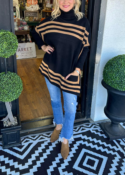 🍂HOT SALE 49% OFF🍂Women's High Neck Bat Sleeve Striped Sweater