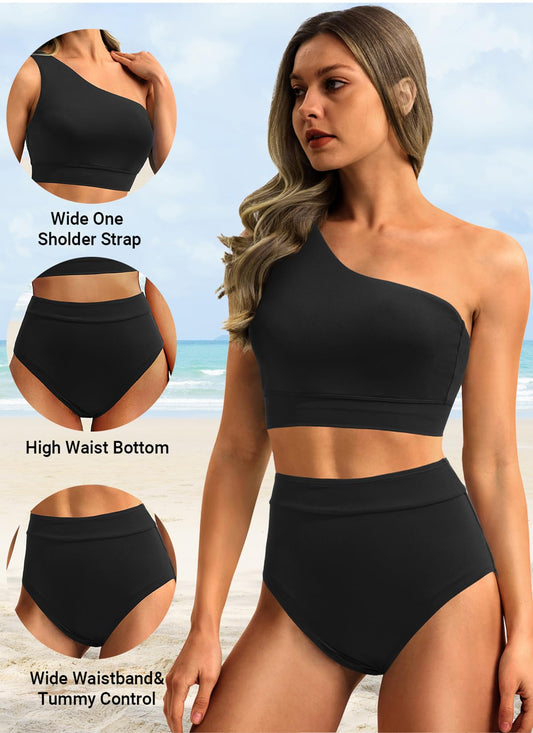 💥Last Day Special Sale 49% OFF🩱One Shoulder High Waisted Bikini Sets Two Piece Swimsuit Tummy Control