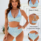 Women Embroidery Print High Waisted Bikini Sets V Neck Tummy Control Bathing Suit Two Piece Curvy Swimsuits