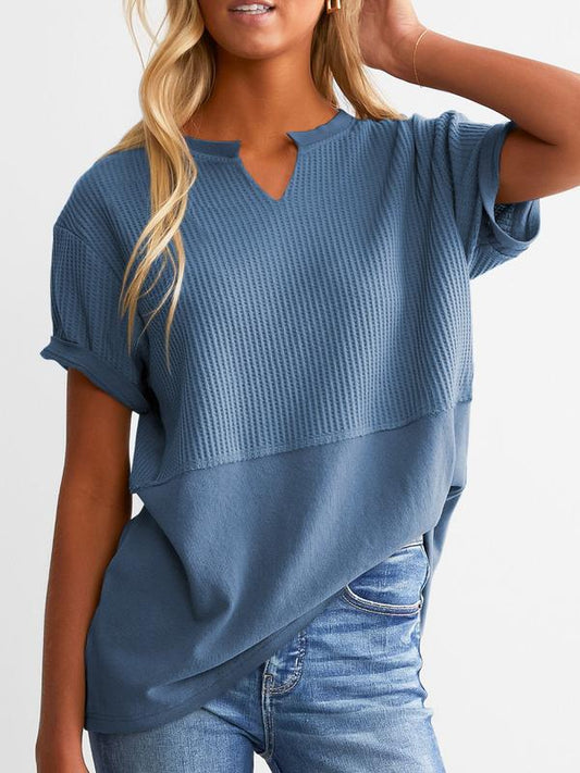 Women's Casual V-neck Patchwork Short-Sleeved Shirt