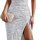 💃LAST DAY SALE 50% OFF!!💋Women's Glitter Sequins One Shoulder Ruched Split Thigh Bodycon Dress