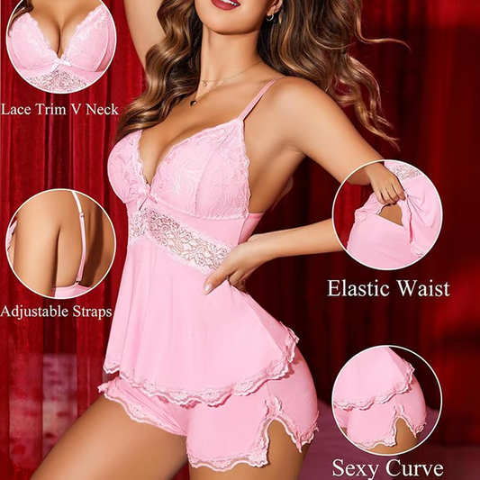 💕LAST DAY SPECIAL PRICE: ￡10.99!!💕Lace Trimmed V-Neck Camisole & Shorts Sleepwear Set
