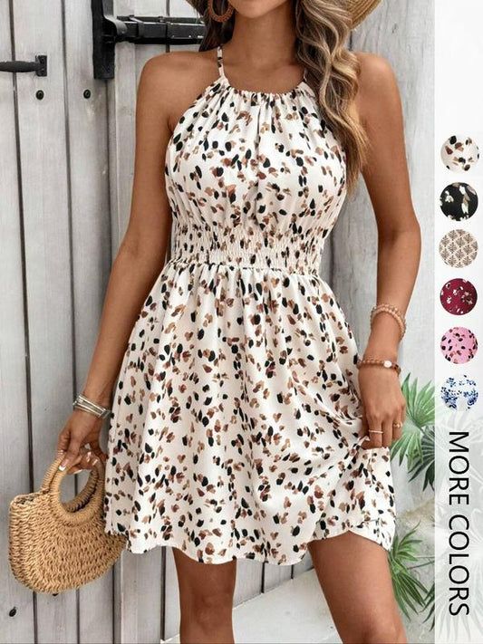 👗Summer Hot Sale 50% OFF!✨Abstract Print Halter Neck A-Line Dress – Smocked Waist, Back Tie, Flowy🌸