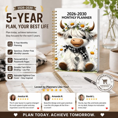 ⏰📅LAST DAY SALE ONLY￡6.99!!🐮Highland Cow 5-Year Monthly Planner – Long-Term Organisation & Goal Planning in One Place✨