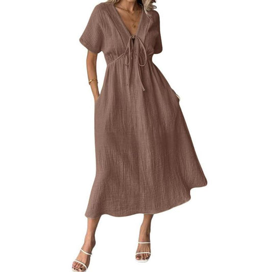 📢2026 Summer Hot Sale 49% OFF🌈⏰Women's Lightweight Summer Cotton Dress V-Neck Bohemian Casual Loose Short Sleeve Drawstring Beach Dress with Pockets