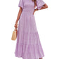 ⏰Hot Sale 50% OFF👗Women's Casual Floral Print Short Flutter Sleeve Smocked High Waist Flowy Maxi Dress
