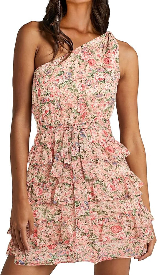 💥Last Day Special Sale 49% OFF💃Women One Shoulder Floral High Waist Flowy A Line Mini Dress
