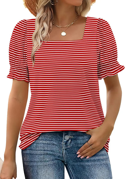 💕Hot Promotion 50% OFF🍃Women's Casual Square Neck Smocked Sleeve T-Shirt