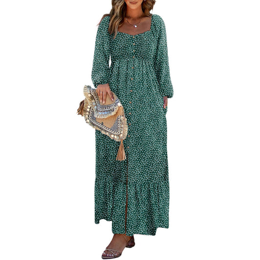 ⏰Summer Hot Sale 70% OFF💃💐Boho Floral Smocked Empire Waist Square Neck Long Sleeve Button Beach Long Maxi Dress