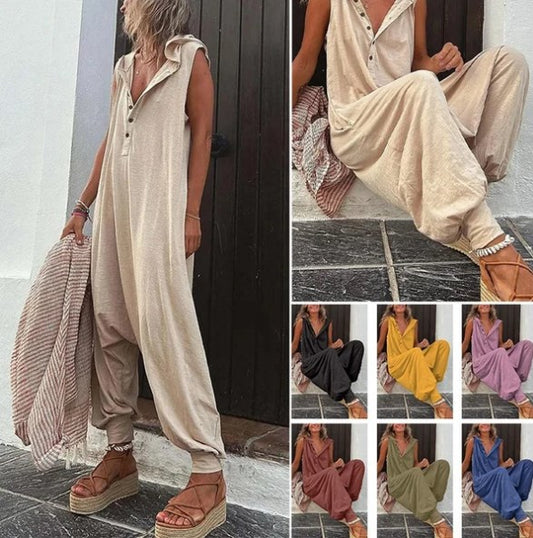 🔥Last Day Sales - 49% OFF🔥Pocketed Half Button Hooded Jumpsuit