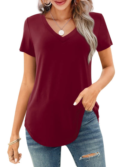 🔥Last Day 49% OFF💖Women's V-neck Short Sleeve Curved Hem Tee Top