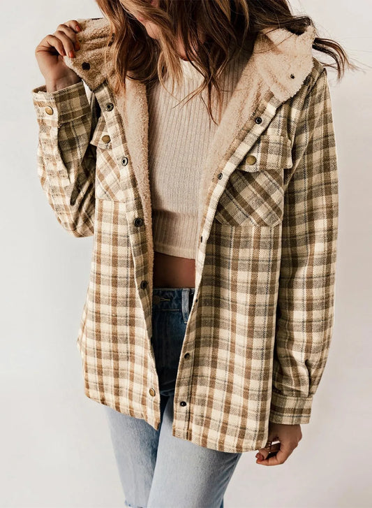 Hot Sale-Women's Thickened Flannel Long Sleeve Plaid Jacket Coat With Hood