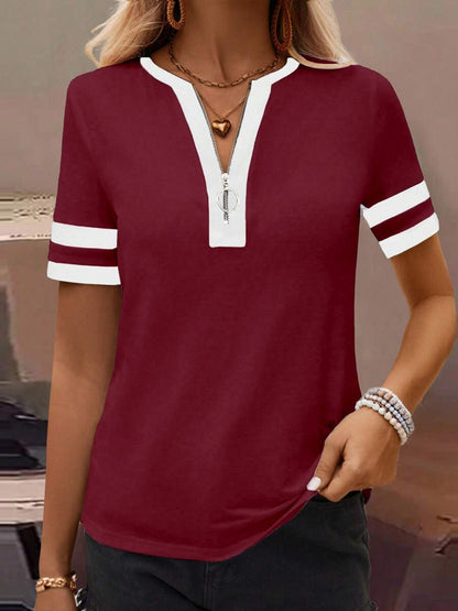 🌞2026 Spring/Summer Women's Casual Colorblock V-Neck T-Shirt - White with Black Trim, Short Sleeve Loose Fit Top with Striped Cuffs
