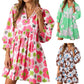 ⏰Summer Hot Sale 70% OFF💃Women's Floral Mini Dress 3/4 Balloon Sleeve V Neck Flowy Babydoll Dress