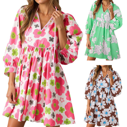 ⏰🌸Summer Hot Sale 70% OFF💃🍓Women's Floral Mini Dress 3/4 Balloon Sleeve V Neck Flowy Babydoll Dress