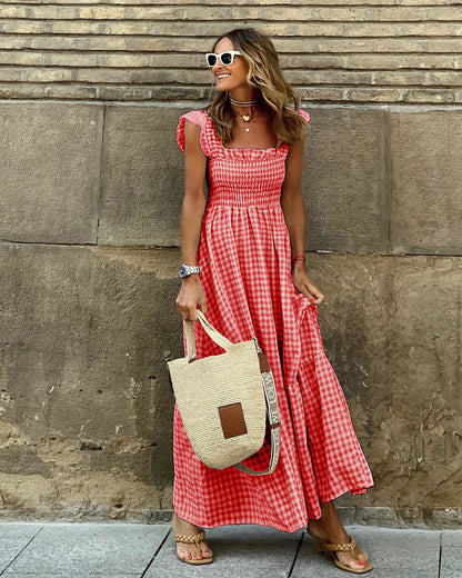 💥Last Day Special Sale 49% OFF💃Women's Retro Plaid Smocked Dress Spaghetti Strap Flounce Long Dress With Pockets