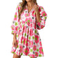 ⏰Summer Hot Sale 70% OFF💃Women's Floral Mini Dress 3/4 Balloon Sleeve V Neck Flowy Babydoll Dress