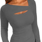 ❄️Hot Promotion 49%OFF💃🔥Womens Cutout Long Sleeve Shirts Ribbed Slim Fit Tops