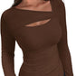 ❄️Hot Promotion 49%OFF💃🔥Womens Cutout Long Sleeve Shirts Ribbed Slim Fit Tops