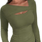 ❄️Hot Promotion 49%OFF💃🔥Womens Cutout Long Sleeve Shirts Ribbed Slim Fit Tops