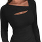 ❄️Hot Promotion 49%OFF💃🔥Womens Cutout Long Sleeve Shirts Ribbed Slim Fit Tops