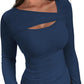 ❄️Hot Promotion 49%OFF💃🔥Womens Cutout Long Sleeve Shirts Ribbed Slim Fit Tops