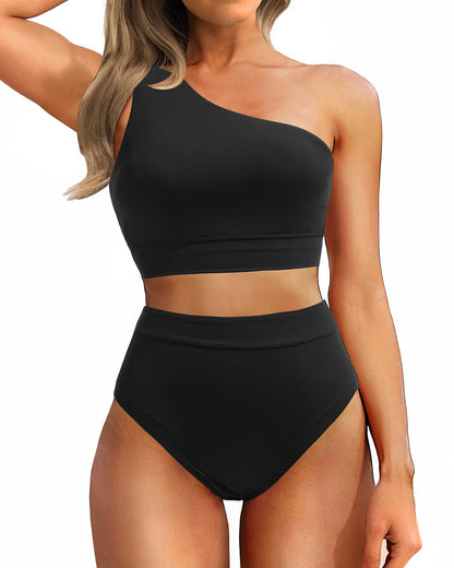 💥Last Day Special Sale 49% OFF🩱One Shoulder High Waisted Bikini Sets Two Piece Swimsuit Tummy Control