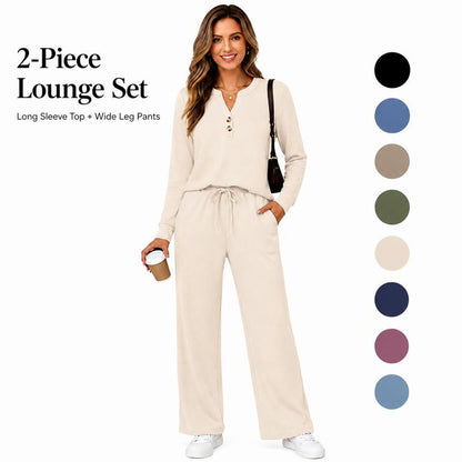 ⏰LAST DAY SALE 70% OFF👍✨Women's Two Piece Lounge Set Long Sleeve Top Wide Leg Pants